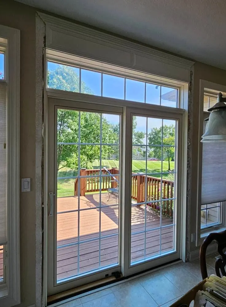 Interior view through a new sliding patio door.